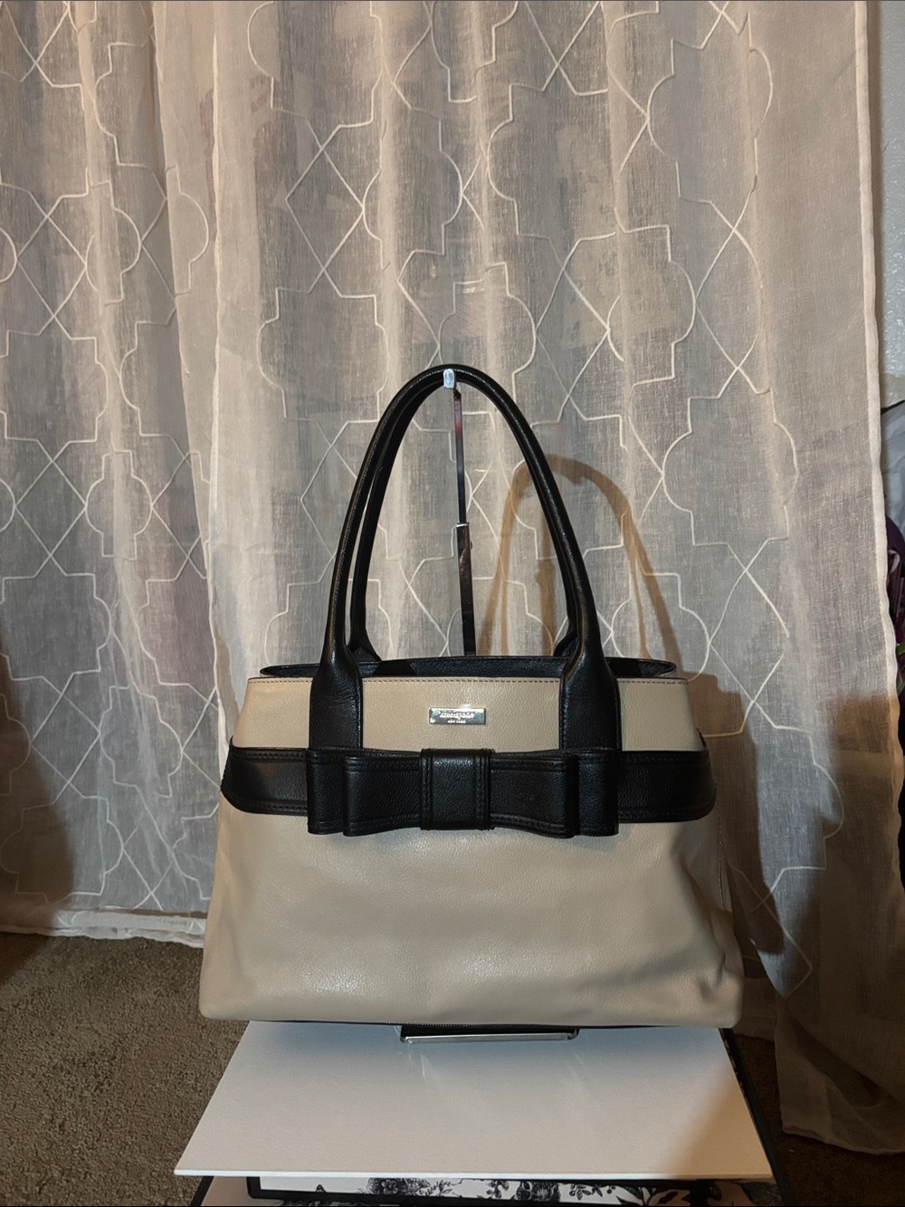 Kate Spade Leather Bow Tote Bag - Black & Cream